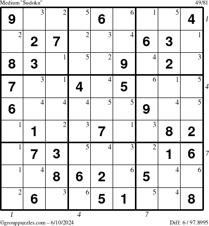 The grouppuzzles.com Medium Sudoku puzzle for Monday June 10, 2024, suitable for printing, with all 6 steps marked