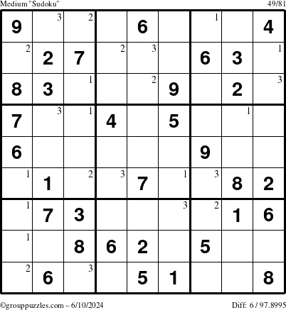 The grouppuzzles.com Medium Sudoku puzzle for Monday June 10, 2024 with the first 3 steps marked