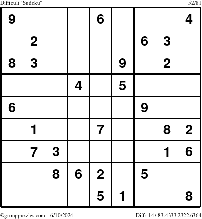 The grouppuzzles.com Difficult Sudoku puzzle for Monday June 10, 2024