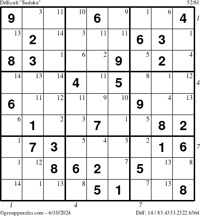 The grouppuzzles.com Difficult Sudoku puzzle for Monday June 10, 2024 with all 14 steps marked