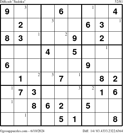 The grouppuzzles.com Difficult Sudoku puzzle for Monday June 10, 2024 with the first 3 steps marked