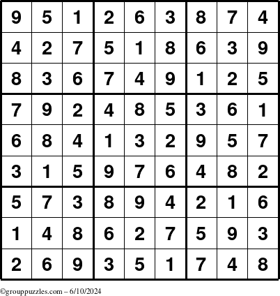 The grouppuzzles.com Answer grid for the Sudoku puzzle for Monday June 10, 2024