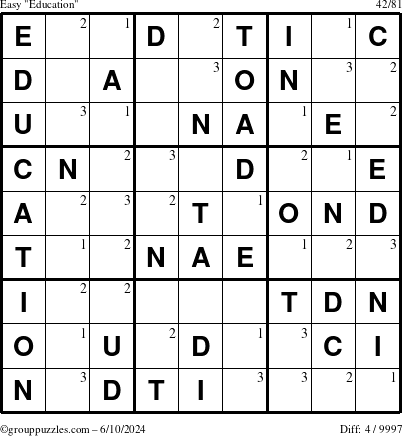 The grouppuzzles.com Easy Education-c1 puzzle for Monday June 10, 2024 with the first 3 steps marked