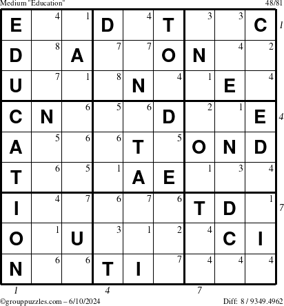 The grouppuzzles.com Medium Education-c1 puzzle for Monday June 10, 2024, suitable for printing, with all 8 steps marked