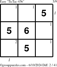 The grouppuzzles.com Easy TicTac-456 puzzle for Monday June 10, 2024, suitable for printing, with all 2 steps marked