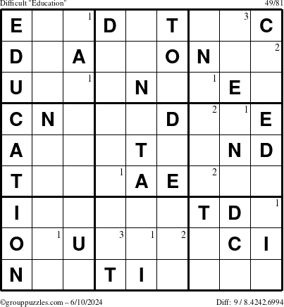 The grouppuzzles.com Difficult Education-c1 puzzle for Monday June 10, 2024 with the first 3 steps marked