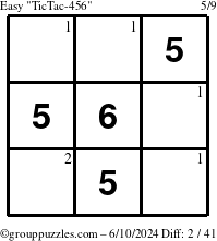 The grouppuzzles.com Easy TicTac-456 puzzle for Monday June 10, 2024 with the first 2 steps marked