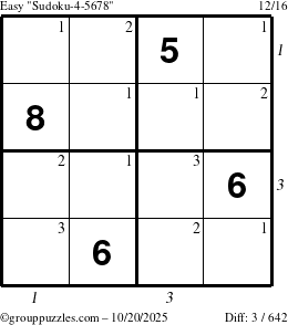 The grouppuzzles.com Easy Sudoku-4-5678 puzzle for Monday October 20, 2025 with all 3 steps marked