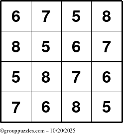 The grouppuzzles.com Answer grid for the Sudoku-4-5678 puzzle for Monday October 20, 2025