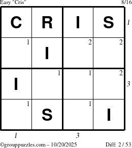 The grouppuzzles.com Easy Cris puzzle for Monday October 20, 2025 with all 2 steps marked
