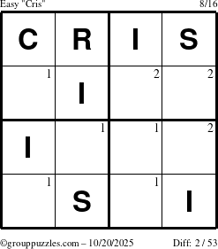 The grouppuzzles.com Easy Cris puzzle for Monday October 20, 2025 with the first 2 steps marked