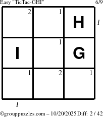 The grouppuzzles.com Easy TicTac-GHI puzzle for Monday October 20, 2025 with all 2 steps marked