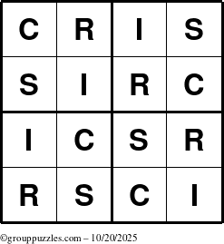The grouppuzzles.com Answer grid for the Cris puzzle for Monday October 20, 2025
