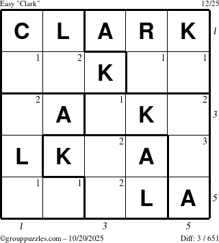 The grouppuzzles.com Easy Clark puzzle for Monday October 20, 2025 with all 3 steps marked