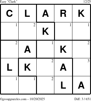 The grouppuzzles.com Easy Clark puzzle for Monday October 20, 2025 with the first 3 steps marked