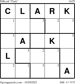 The grouppuzzles.com Difficult Clark puzzle for Monday October 20, 2025 with the first 3 steps marked