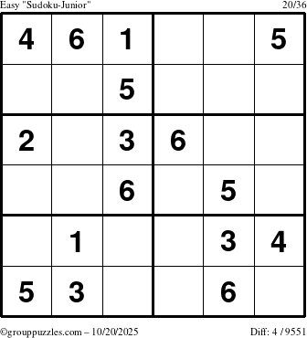 The grouppuzzles.com Easy Sudoku-Junior puzzle for Monday October 20, 2025