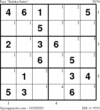 The grouppuzzles.com Easy Sudoku-Junior puzzle for Monday October 20, 2025 with all 4 steps marked