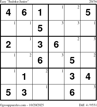 The grouppuzzles.com Easy Sudoku-Junior puzzle for Monday October 20, 2025 with the first 3 steps marked
