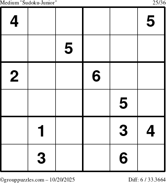 The grouppuzzles.com Medium Sudoku-Junior puzzle for Monday October 20, 2025