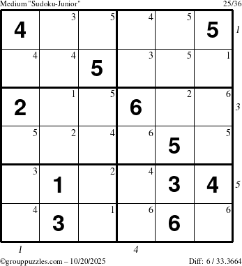 The grouppuzzles.com Medium Sudoku-Junior puzzle for Monday October 20, 2025 with all 6 steps marked