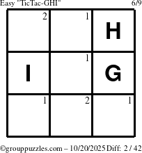 The grouppuzzles.com Easy TicTac-GHI puzzle for Monday October 20, 2025 with the first 2 steps marked