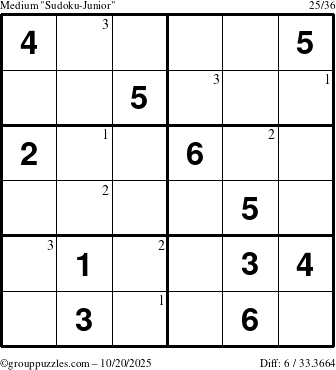 The grouppuzzles.com Medium Sudoku-Junior puzzle for Monday October 20, 2025 with the first 3 steps marked