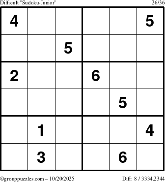 The grouppuzzles.com Difficult Sudoku-Junior puzzle for Monday October 20, 2025