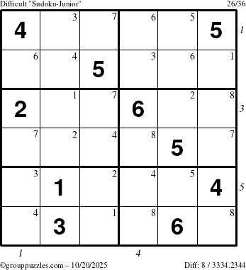 The grouppuzzles.com Difficult Sudoku-Junior puzzle for Monday October 20, 2025 with all 8 steps marked