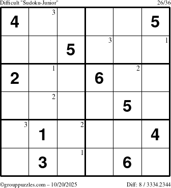 The grouppuzzles.com Difficult Sudoku-Junior puzzle for Monday October 20, 2025 with the first 3 steps marked