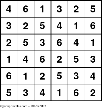 The grouppuzzles.com Answer grid for the Sudoku-Junior puzzle for Monday October 20, 2025