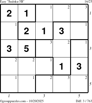 The grouppuzzles.com Easy Sudoku-5B puzzle for Monday October 20, 2025 with all 3 steps marked