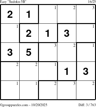 The grouppuzzles.com Easy Sudoku-5B puzzle for Monday October 20, 2025 with the first 3 steps marked