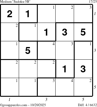 The grouppuzzles.com Medium Sudoku-5B puzzle for Monday October 20, 2025 with all 4 steps marked