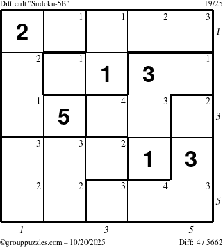 The grouppuzzles.com Difficult Sudoku-5B puzzle for Monday October 20, 2025 with all 4 steps marked