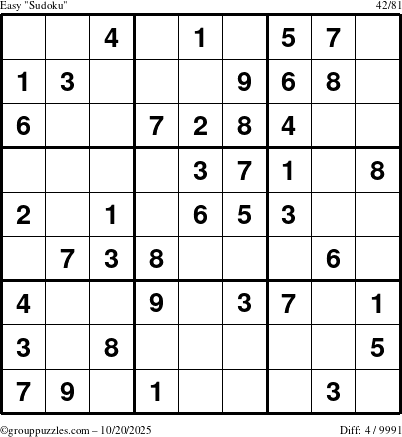 The grouppuzzles.com Easy Sudoku puzzle for Monday October 20, 2025