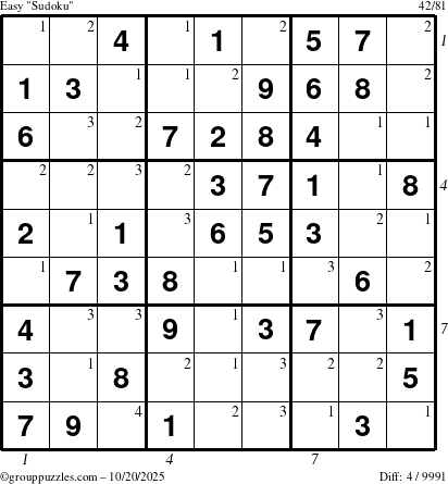 The grouppuzzles.com Easy Sudoku puzzle for Monday October 20, 2025 with all 4 steps marked