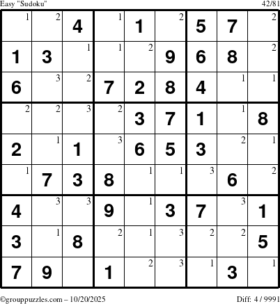 The grouppuzzles.com Easy Sudoku puzzle for Monday October 20, 2025 with the first 3 steps marked