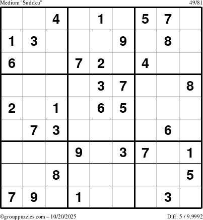 The grouppuzzles.com Medium Sudoku puzzle for Monday October 20, 2025