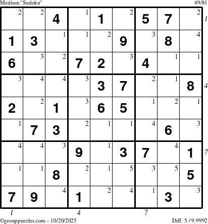 The grouppuzzles.com Medium Sudoku puzzle for Monday October 20, 2025 with all 5 steps marked