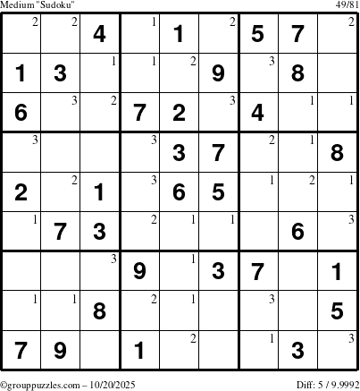 The grouppuzzles.com Medium Sudoku puzzle for Monday October 20, 2025 with the first 3 steps marked