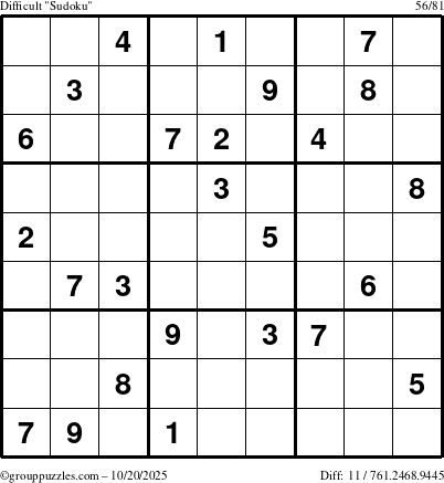 The grouppuzzles.com Difficult Sudoku puzzle for Monday October 20, 2025