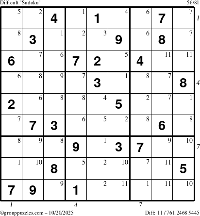 The grouppuzzles.com Difficult Sudoku puzzle for Monday October 20, 2025 with all 11 steps marked