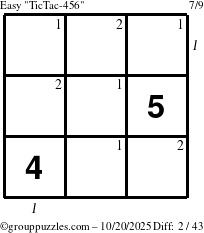 The grouppuzzles.com Easy TicTac-456 puzzle for Monday October 20, 2025 with all 2 steps marked