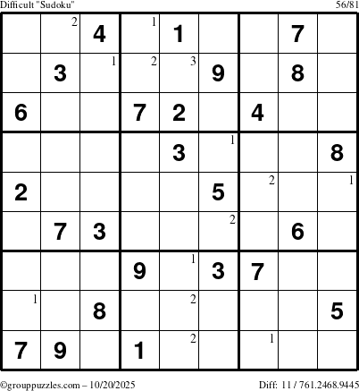 The grouppuzzles.com Difficult Sudoku puzzle for Monday October 20, 2025 with the first 3 steps marked