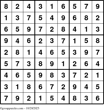 The grouppuzzles.com Answer grid for the Sudoku puzzle for Monday October 20, 2025