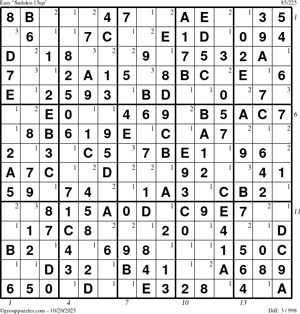 The grouppuzzles.com Easy Sudoku-15up puzzle for Monday October 20, 2025 with all 3 steps marked