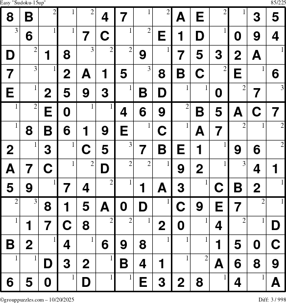 The grouppuzzles.com Easy Sudoku-15up puzzle for Monday October 20, 2025 with the first 3 steps marked