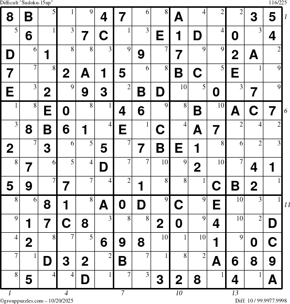 The grouppuzzles.com Difficult Sudoku-15up puzzle for Monday October 20, 2025 with all 10 steps marked