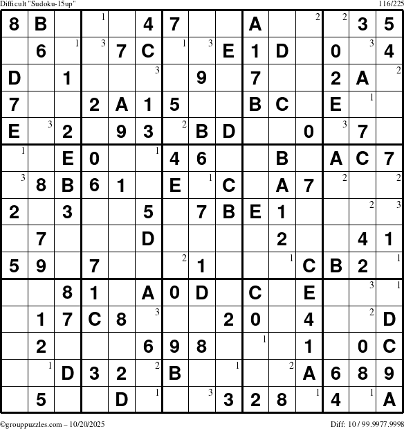 The grouppuzzles.com Difficult Sudoku-15up puzzle for Monday October 20, 2025 with the first 3 steps marked